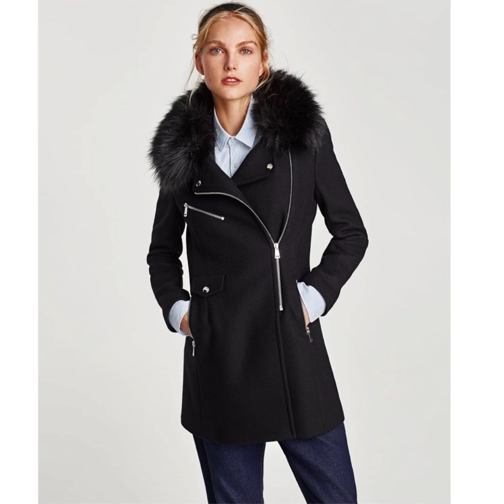 Zara Black Fur Collar Coat